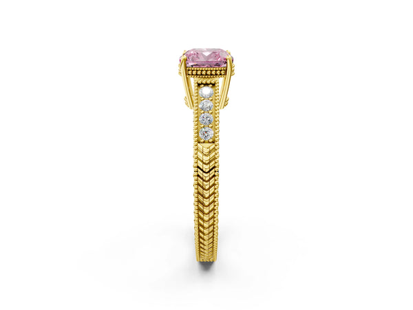 Yellow gold Fancy Pink Cushion Cut Cut Diamond Milgrain Pave Band Four-Prong Setting Ring