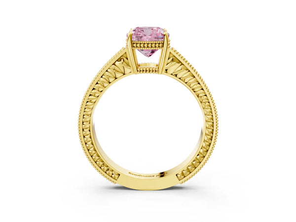 Yellow gold Fancy Pink Cushion Cut Cut Diamond Milgrain Pave Band Four-Prong Setting Ring
