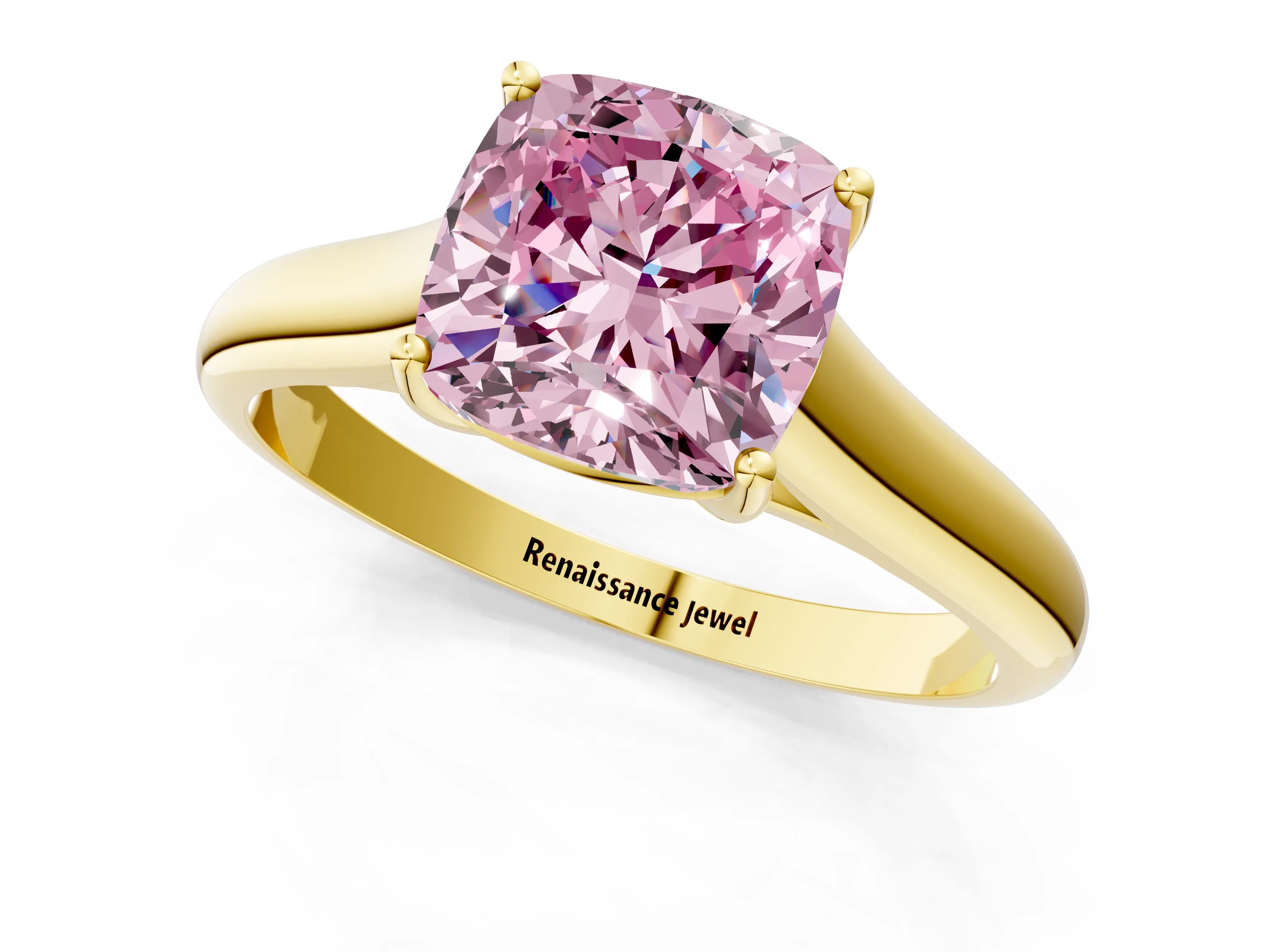 Yellow gold Fancy Pink Cushion Cut Cut Diamond Solitaire Engagement Ring with Tapered Plain Band and Four-Prong Setting_1