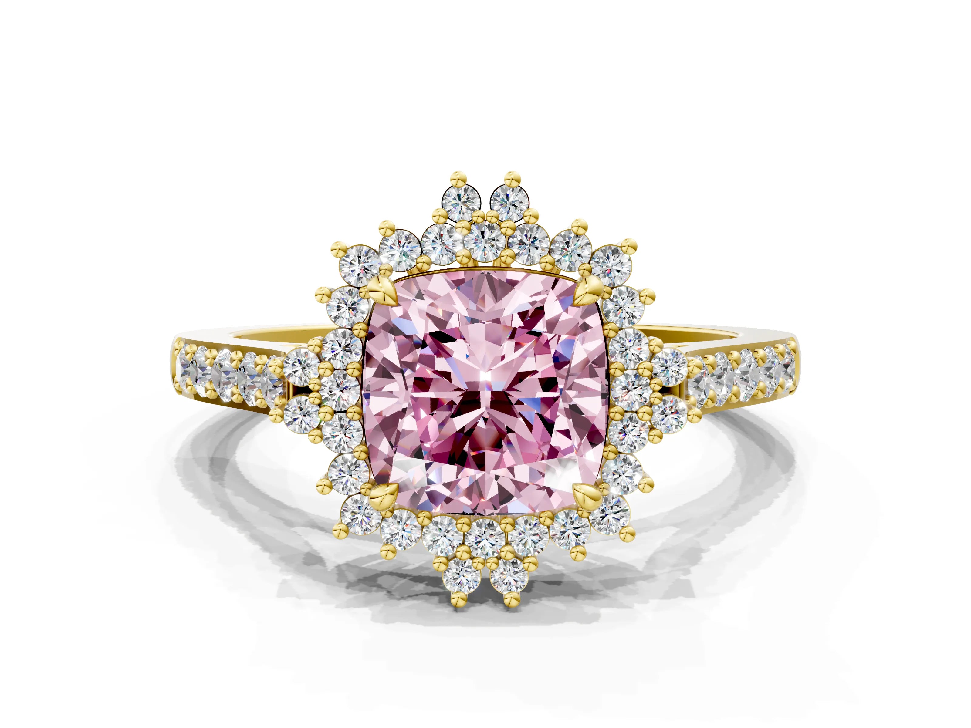 Yellow gold Fancy Pink Cushion Cut Cut Diamond Sunburst Halo Engagement Ring with Pavé Band