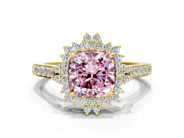 Yellow gold Fancy Pink Cushion Cut Cut Diamond Sunburst Halo Engagement Ring with Pavé Band