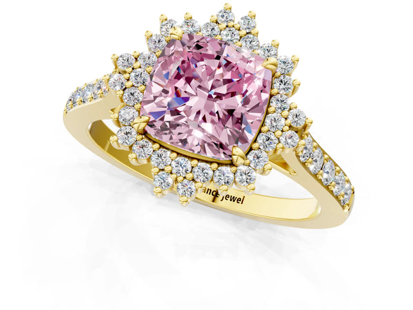 Yellow gold Fancy Pink Cushion Cut Cut Diamond Sunburst Halo Engagement Ring with Pavé Band