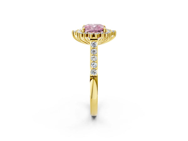 Yellow gold Fancy Pink Cushion Cut Cut Diamond Sunburst Halo Engagement Ring with Pavé Band