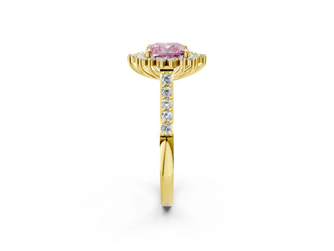 Yellow gold Fancy Pink Cushion Cut Cut Diamond Sunburst Halo Engagement Ring with Pavé Band_2