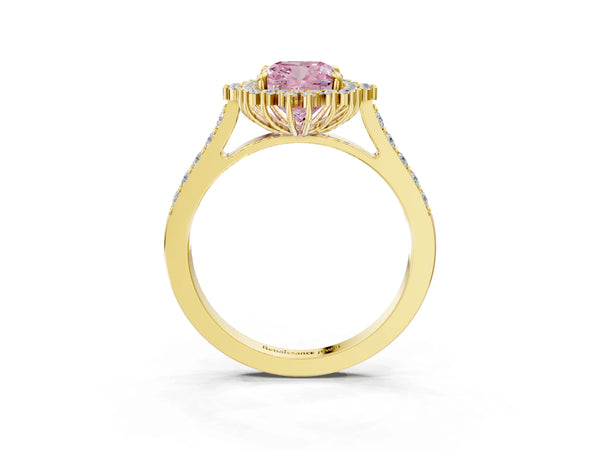Yellow gold Fancy Pink Cushion Cut Cut Diamond Sunburst Halo Engagement Ring with Pavé Band