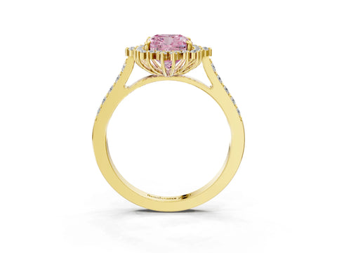 Yellow gold Fancy Pink Cushion Cut Cut Diamond Sunburst Halo Engagement Ring with Pavé Band_3