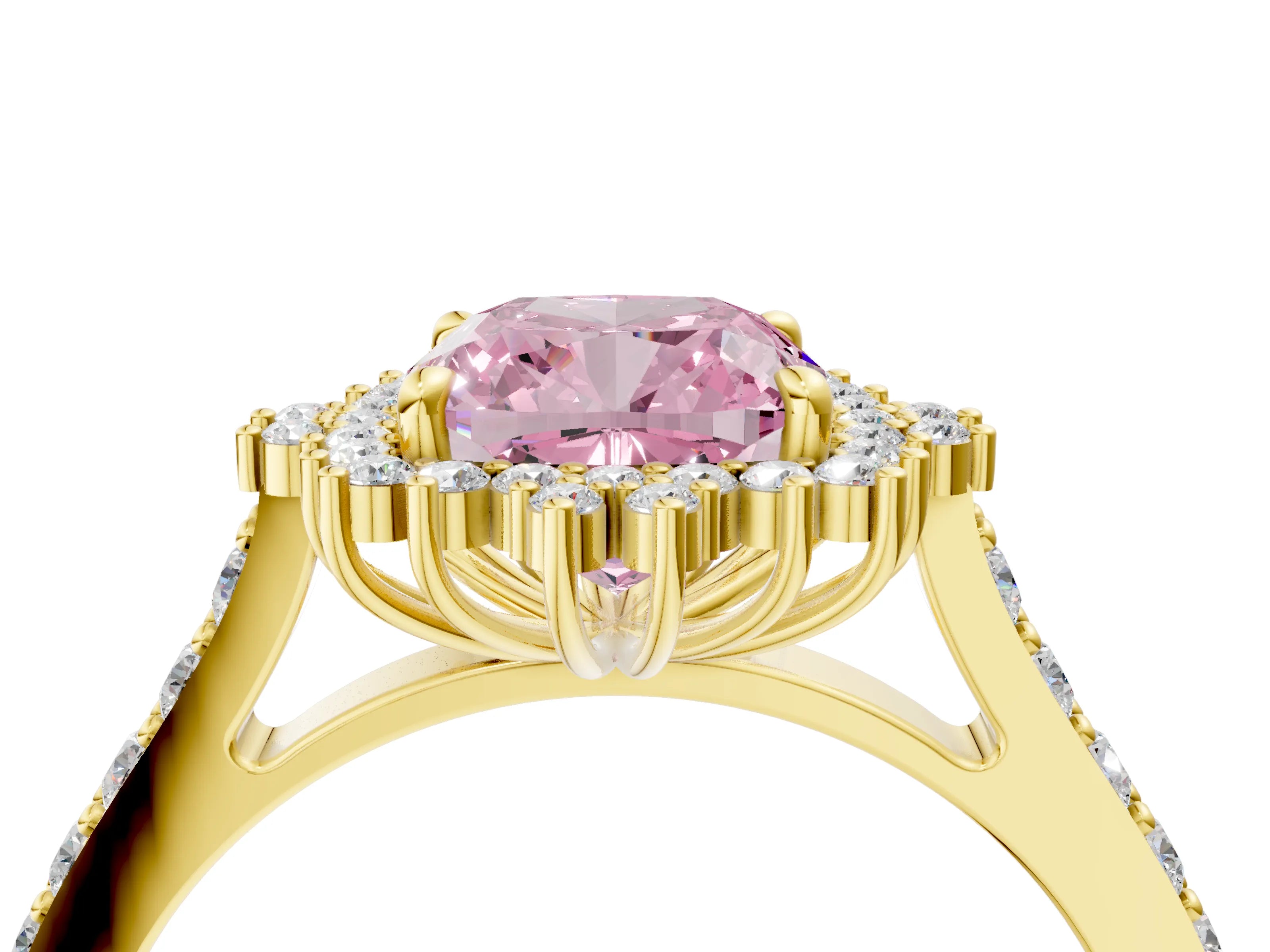 Yellow gold Fancy Pink Cushion Cut Cut Diamond Sunburst Halo Engagement Ring with Pavé Band_4