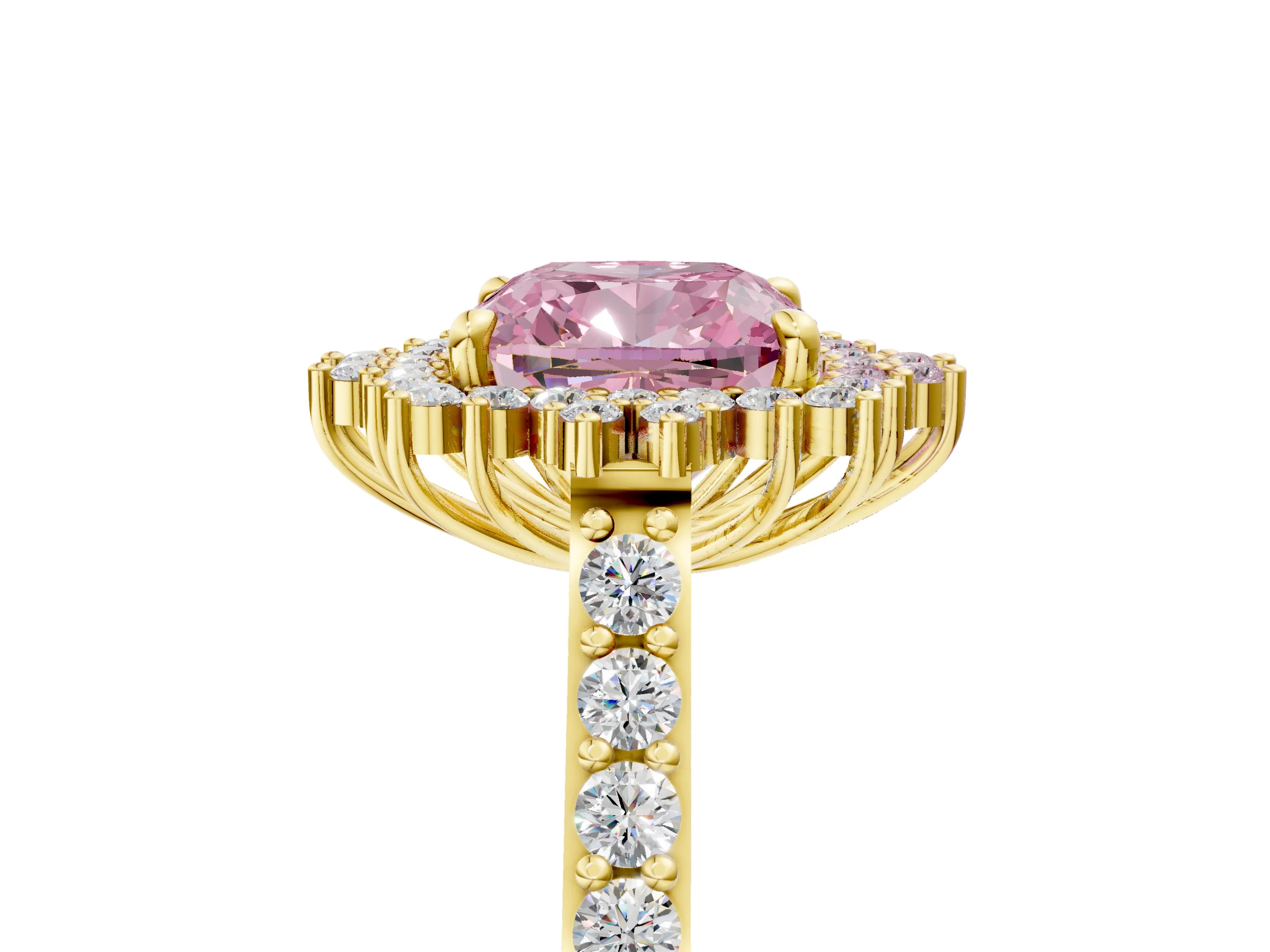 Yellow gold Fancy Pink Cushion Cut Cut Diamond Sunburst Halo Engagement Ring with Pavé Band_5