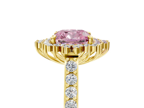 Yellow gold Fancy Pink Cushion Cut Cut Diamond Sunburst Halo Engagement Ring with Pavé Band_5