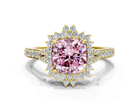 Yellow gold Fancy Pink Cushion Cut Cut Diamond Sunburst Halo Engagement Ring with Pavé Band