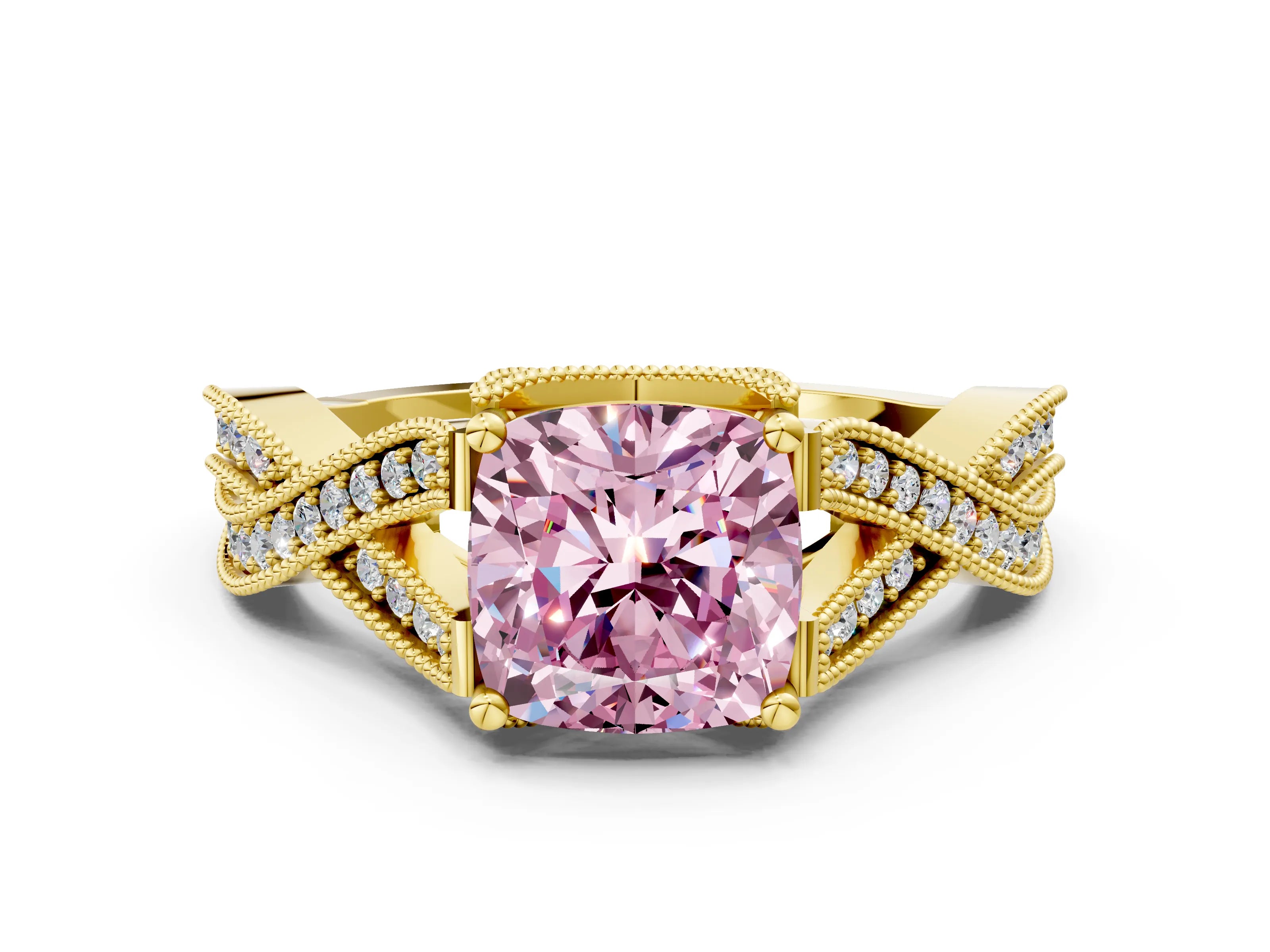 Yellow gold Fancy Pink Cushion Cut Cut Diamond Twisted Band with Milgrain Pave Setting and Four-Prong Setting