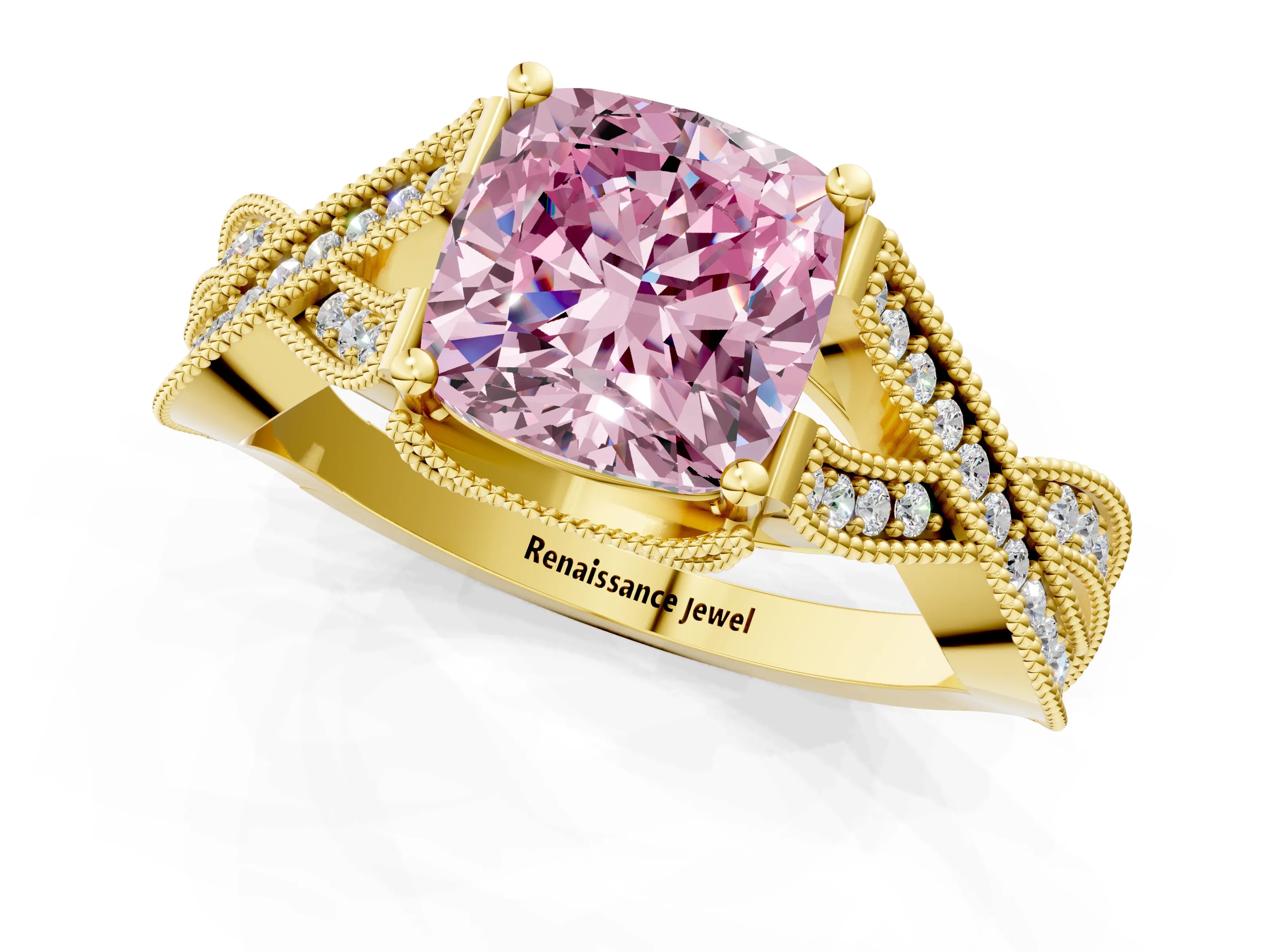 Yellow gold Fancy Pink Cushion Cut Cut Diamond Twisted Band with Milgrain Pave Setting and Four-Prong Setting_1