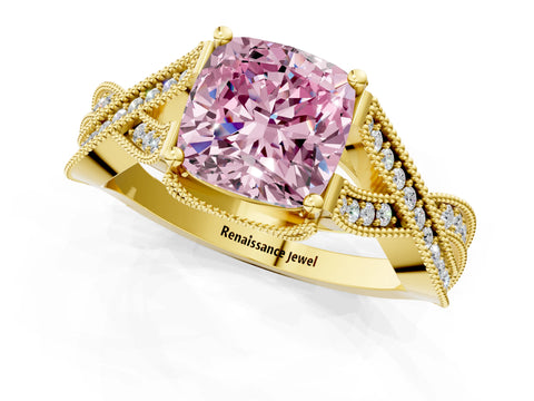 Yellow gold Fancy Pink Cushion Cut Cut Diamond Twisted Band with Milgrain Pave Setting and Four-Prong Setting_1
