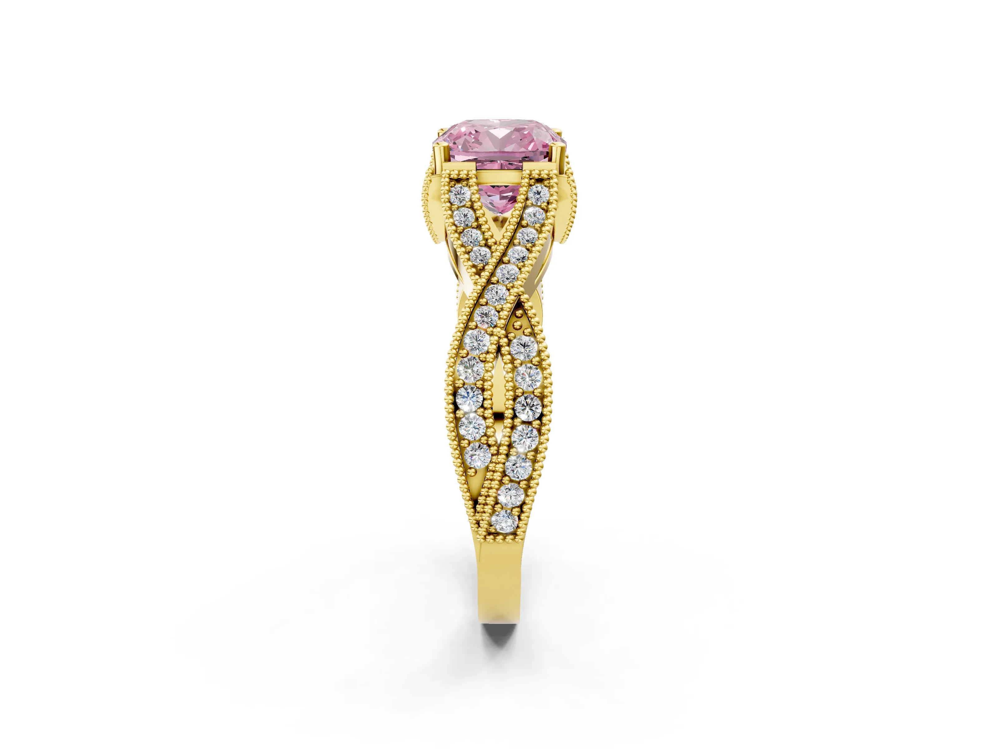 Yellow gold Fancy Pink Cushion Cut Cut Diamond Twisted Band with Milgrain Pave Setting and Four-Prong Setting_2
