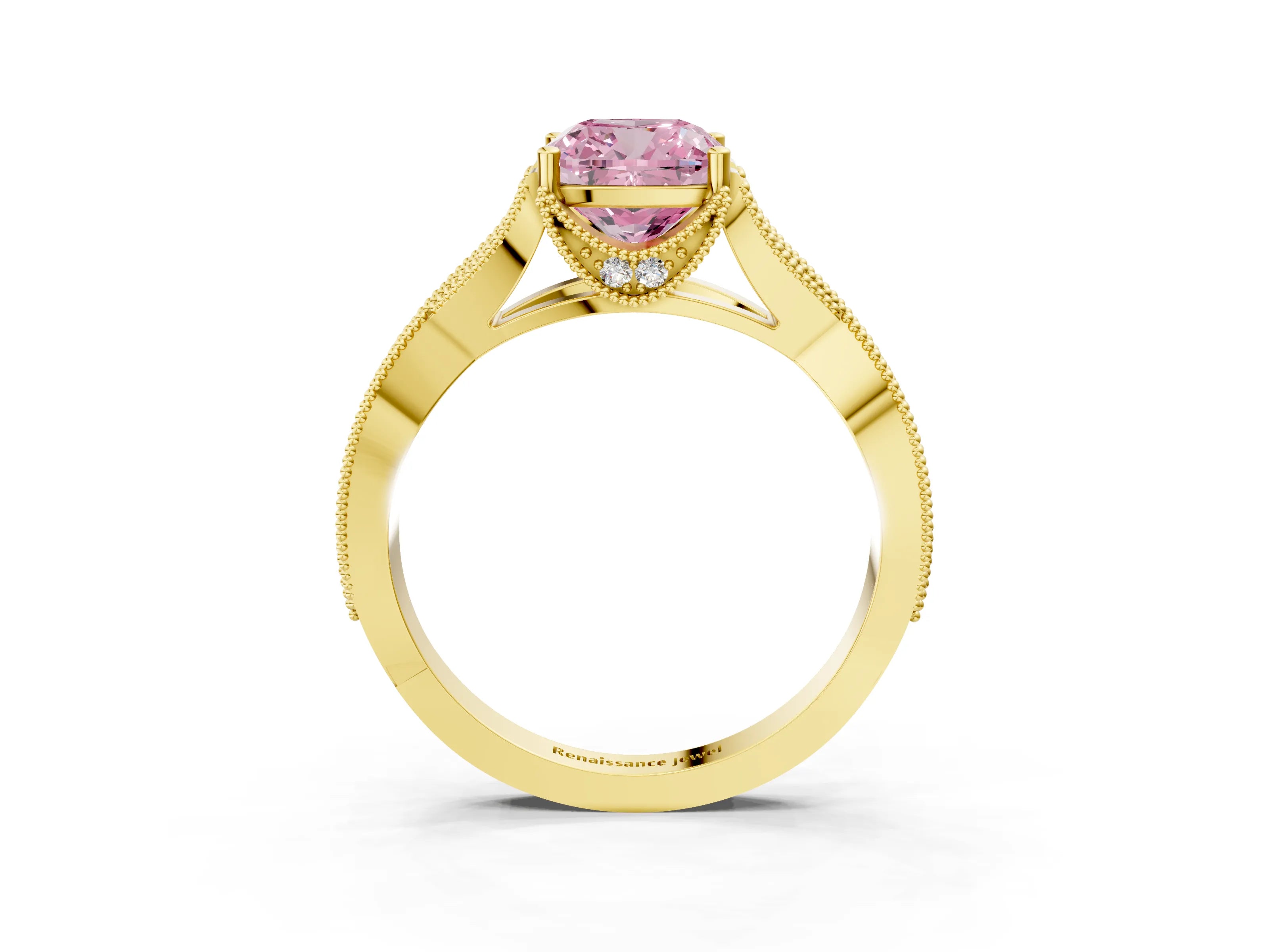 Yellow gold Fancy Pink Cushion Cut Cut Diamond Twisted Band with Milgrain Pave Setting and Four-Prong Setting_3