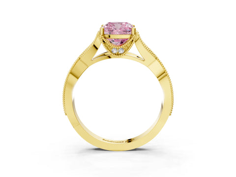 Yellow gold Fancy Pink Cushion Cut Cut Diamond Twisted Band with Milgrain Pave Setting and Four-Prong Setting_3