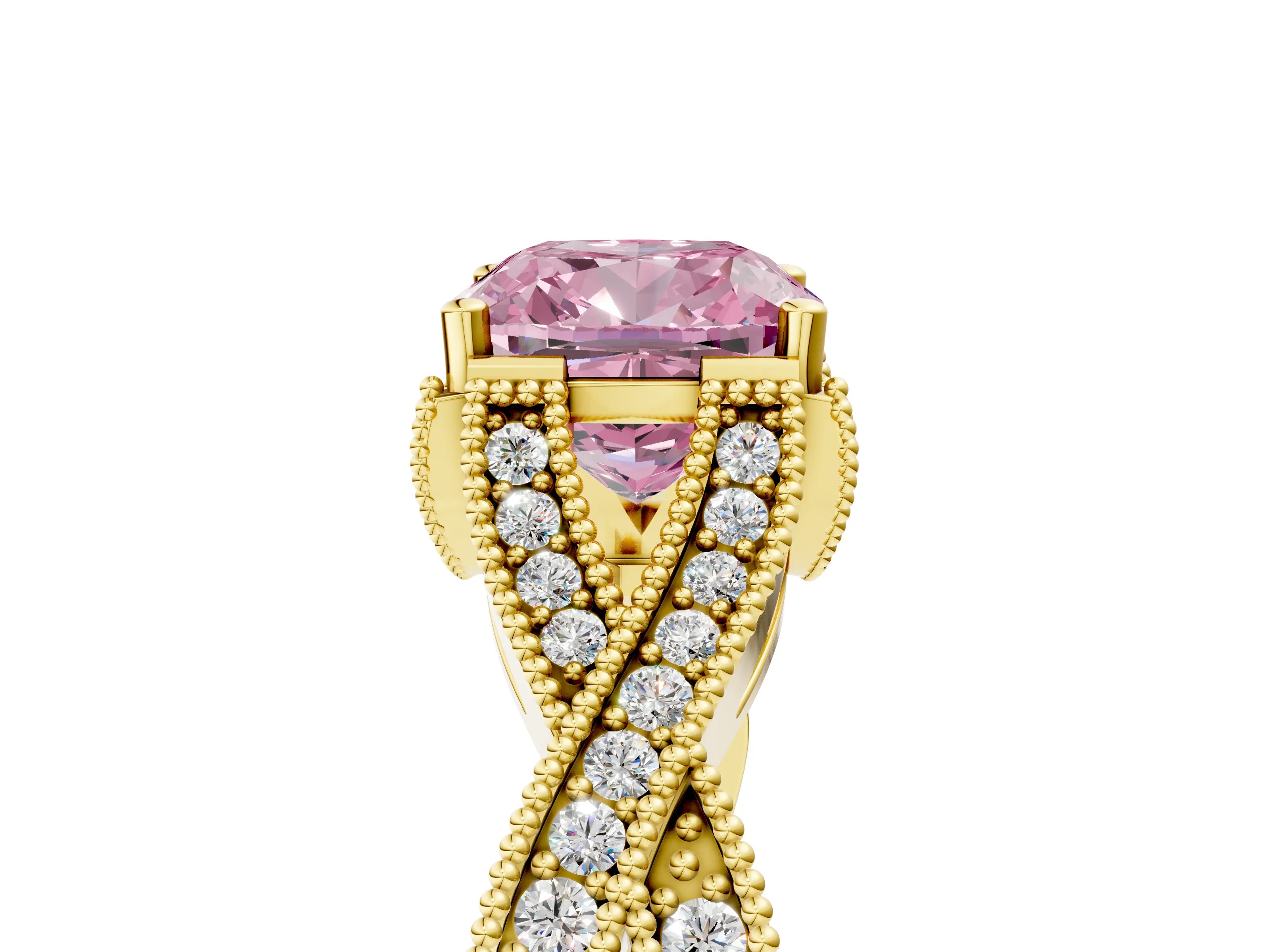 Yellow gold Fancy Pink Cushion Cut Cut Diamond Twisted Band with Milgrain Pave Setting and Four-Prong Setting_5