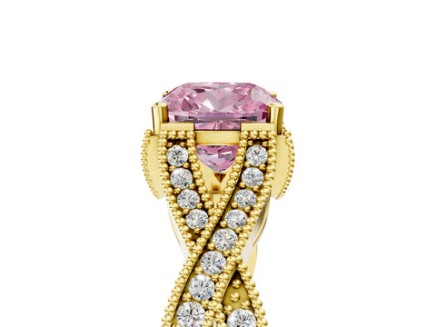 Yellow gold Fancy Pink Cushion Cut Cut Diamond Twisted Band with Milgrain Pave Setting and Four-Prong Setting_5