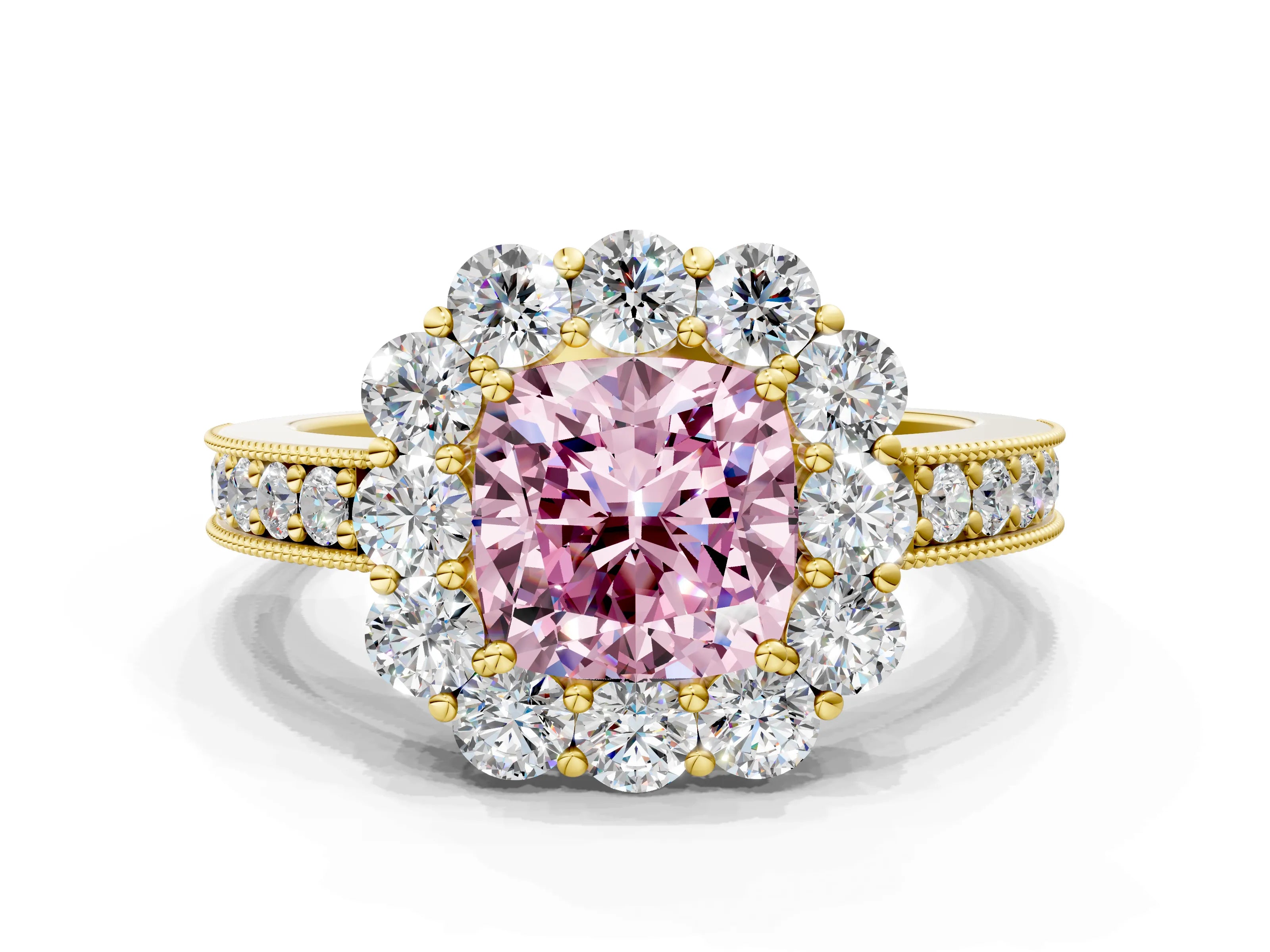 Yellow gold Fancy Pink Cushion Cut Cut Halo Diamond Pavé Engagement Ring with Milgrain Detailing