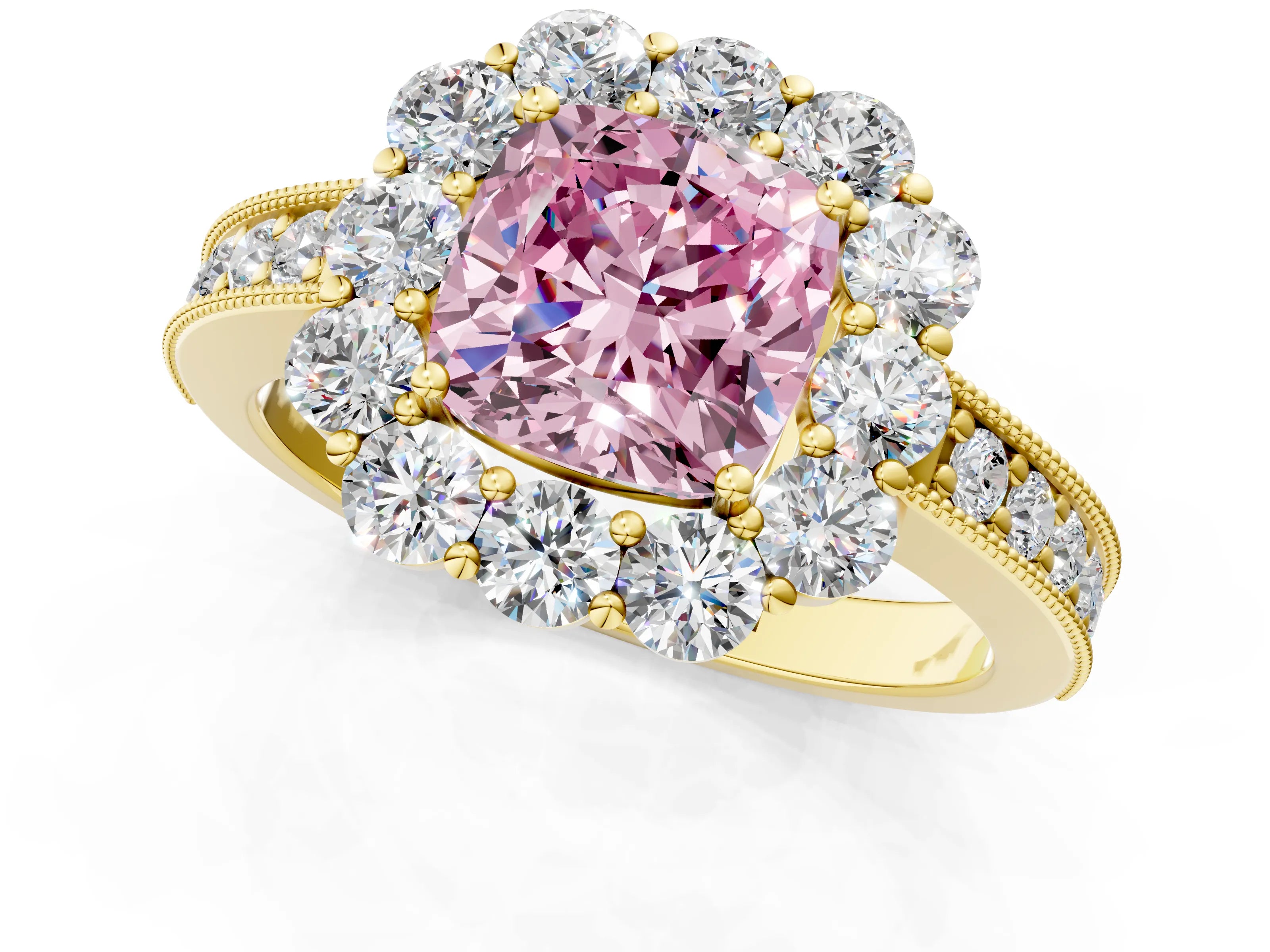 Yellow gold Fancy Pink Cushion Cut Cut Halo Diamond Pavé Engagement Ring with Milgrain Detailing_1