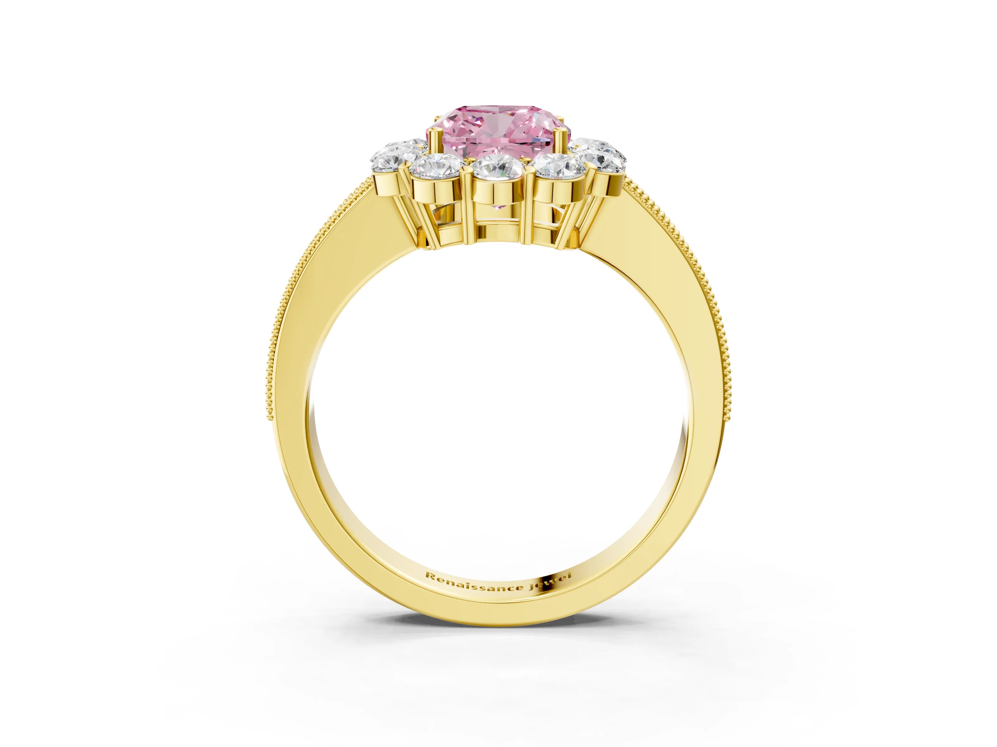 Yellow gold Fancy Pink Cushion Cut Cut Halo Diamond Pavé Engagement Ring with Milgrain Detailing_3