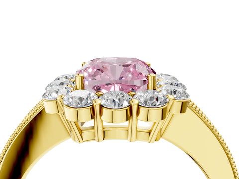 Yellow gold Fancy Pink Cushion Cut Cut Halo Diamond Pavé Engagement Ring with Milgrain Detailing_4