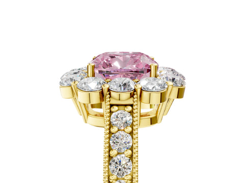 Yellow gold Fancy Pink Cushion Cut Cut Halo Diamond Pavé Engagement Ring with Milgrain Detailing_5