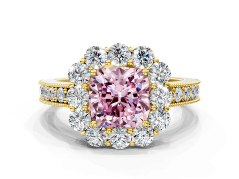 Yellow gold Fancy Pink Cushion Cut Cut Halo Diamond Pavé Engagement Ring with Milgrain Detailing