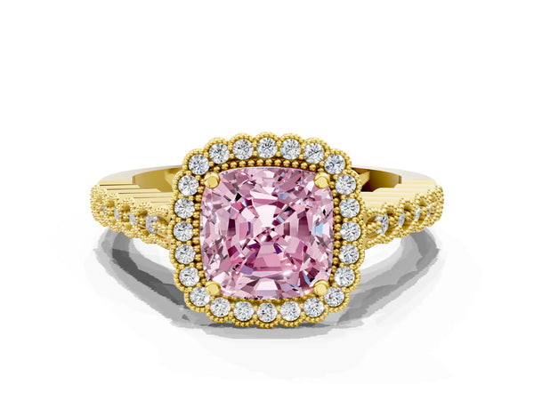 Yellow gold Fancy Pink Cushion Cut Cut Halo Pavé Solitaire Ring with Milgrain Band