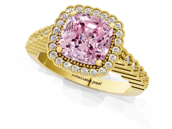 Yellow gold Fancy Pink Cushion Cut Cut Halo Pavé Solitaire Ring with Milgrain Band