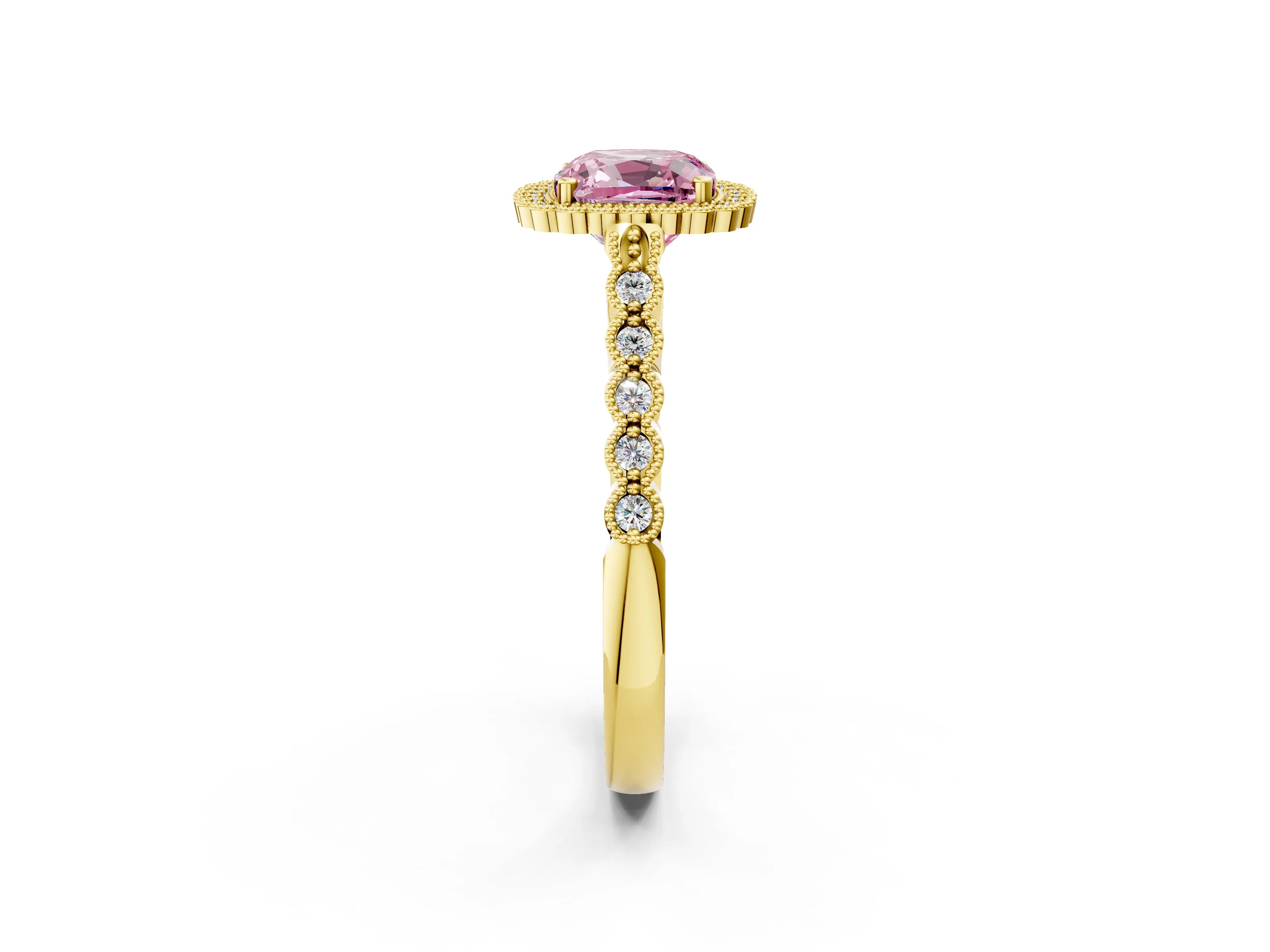 Yellow gold Fancy Pink Cushion Cut Cut Halo Pavé Solitaire Ring with Milgrain Band_2