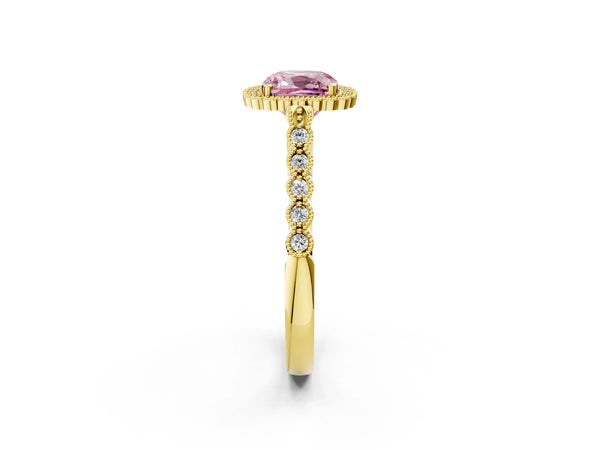 Yellow gold Fancy Pink Cushion Cut Cut Halo Pavé Solitaire Ring with Milgrain Band