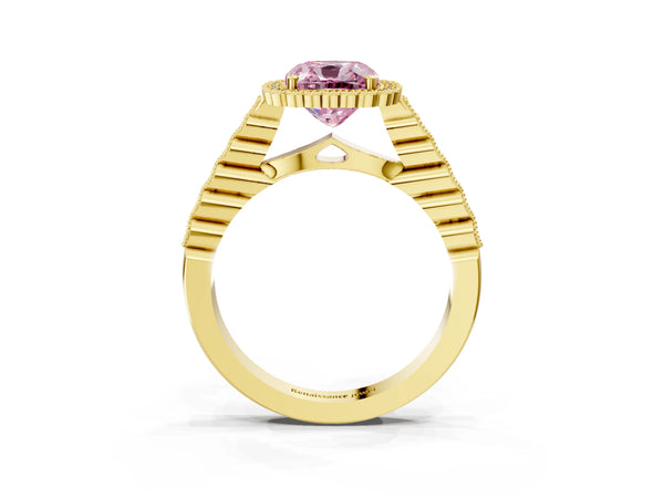 Yellow gold Fancy Pink Cushion Cut Cut Halo Pavé Solitaire Ring with Milgrain Band