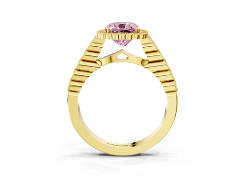 Yellow gold Fancy Pink Cushion Cut Cut Halo Pavé Solitaire Ring with Milgrain Band_3