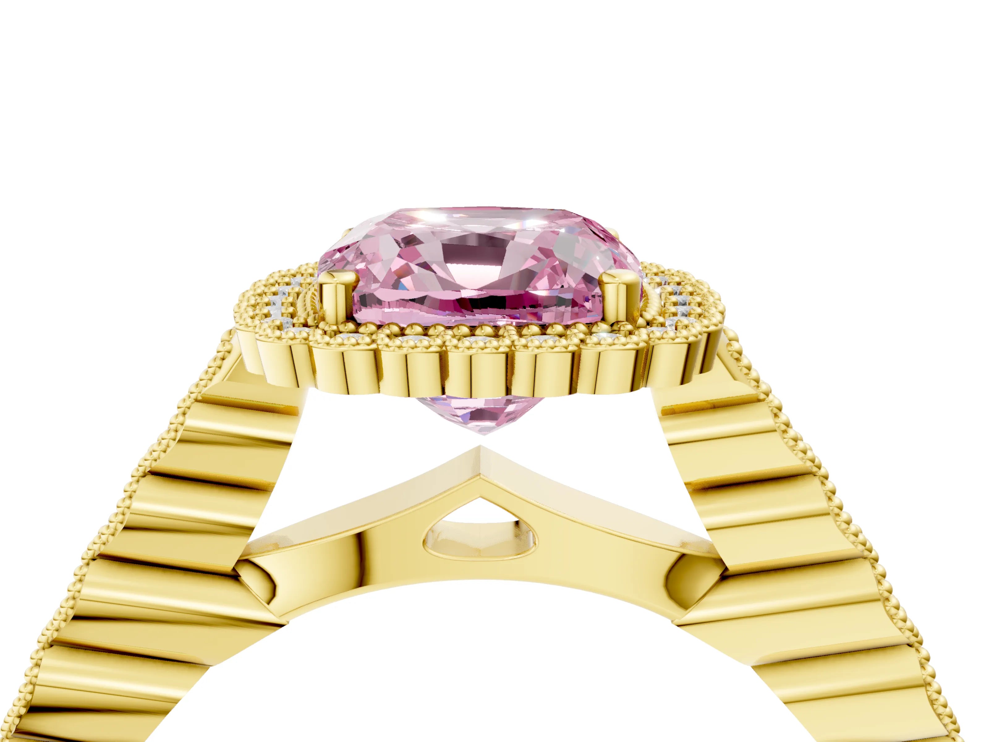 Yellow gold Fancy Pink Cushion Cut Cut Halo Pavé Solitaire Ring with Milgrain Band_4