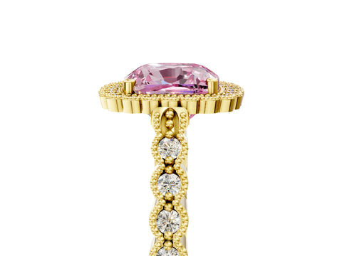 Yellow gold Fancy Pink Cushion Cut Cut Halo Pavé Solitaire Ring with Milgrain Band_5