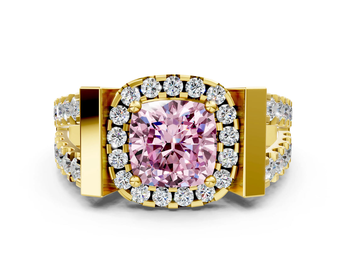 Yellow gold Fancy Pink Cushion Cut Cut Halo Split Shank Prong Set Ring