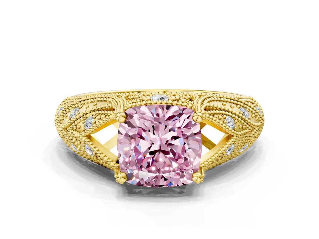 Yellow gold Fancy Pink Cushion Cut Cut Milgrain Pave Diamond Engagement Ring with Four-Prong Setting_15