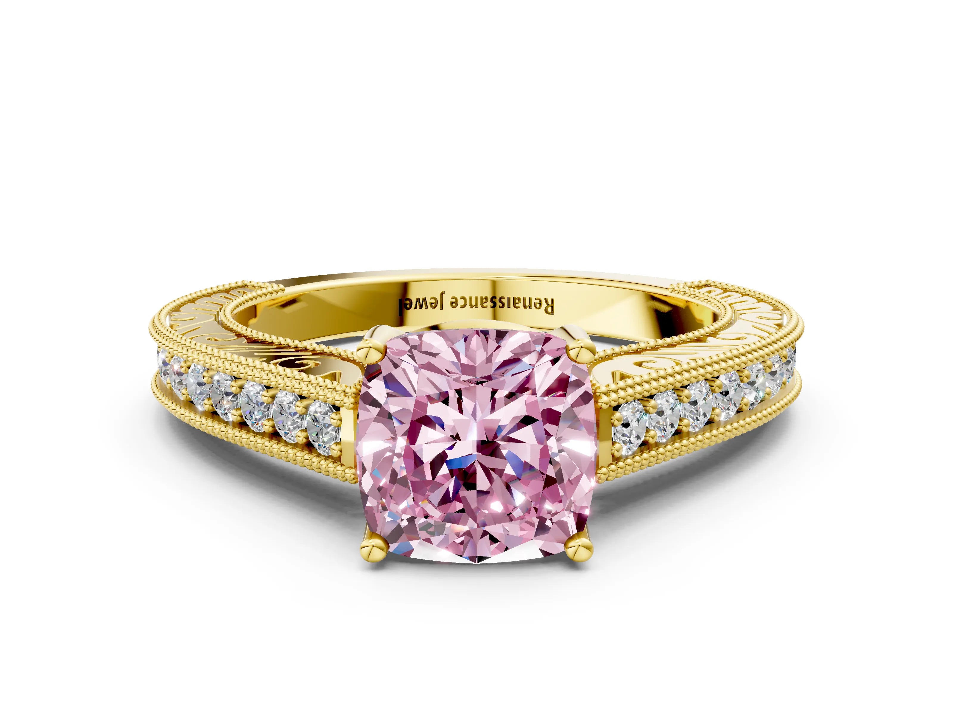 Yellow gold Fancy Pink Cushion Cut Cut Pave Band Milgrain Solitaire Ring