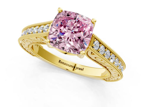 Yellow gold Fancy Pink Cushion Cut Cut Pave Band Milgrain Solitaire Ring_1
