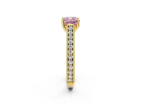 Yellow gold Fancy Pink Cushion Cut Cut Pave Band Milgrain Solitaire Ring_2