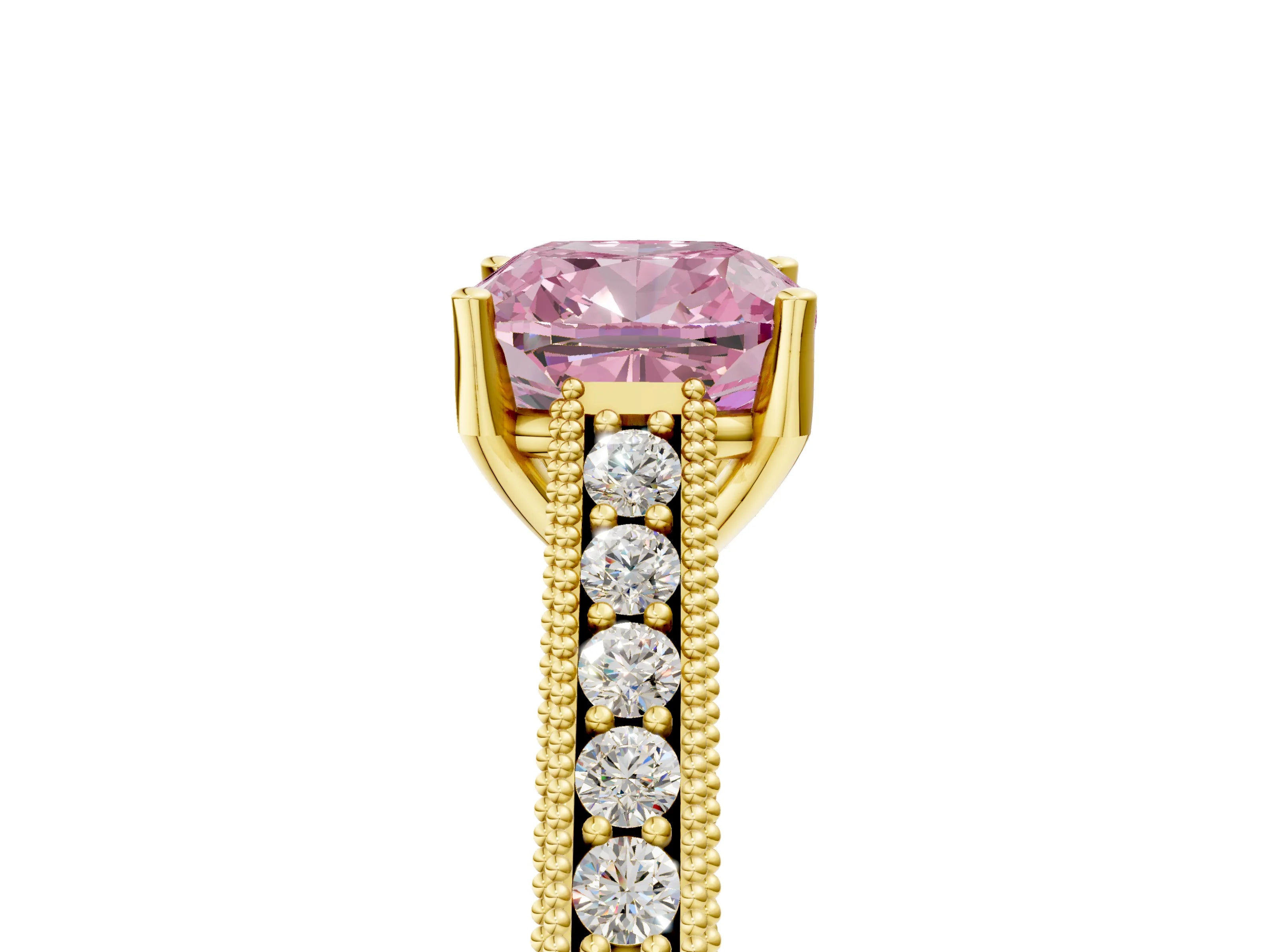 Yellow gold Fancy Pink Cushion Cut Cut Pave Band Milgrain Solitaire Ring_5