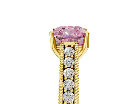 Yellow gold Fancy Pink Cushion Cut Cut Pave Band Milgrain Solitaire Ring_5
