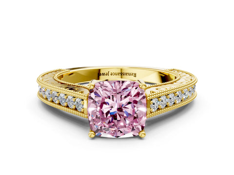 Yellow gold Fancy Pink Cushion Cut Cut Pave Band Milgrain Solitaire Ring