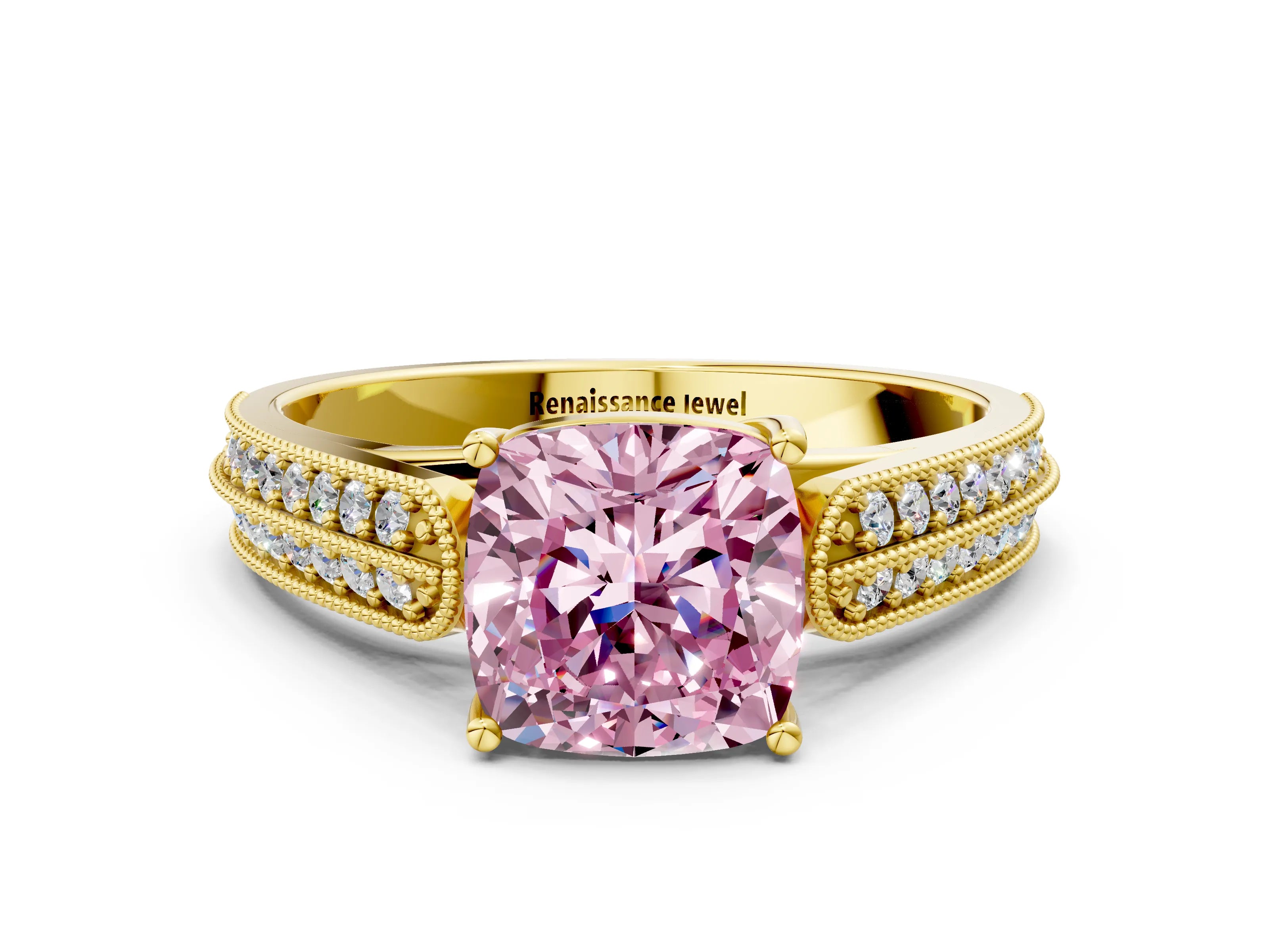 Yellow gold Fancy Pink Cushion Cut Cut Pave Split Shank Engagement Ring with Four-Prong Setting
