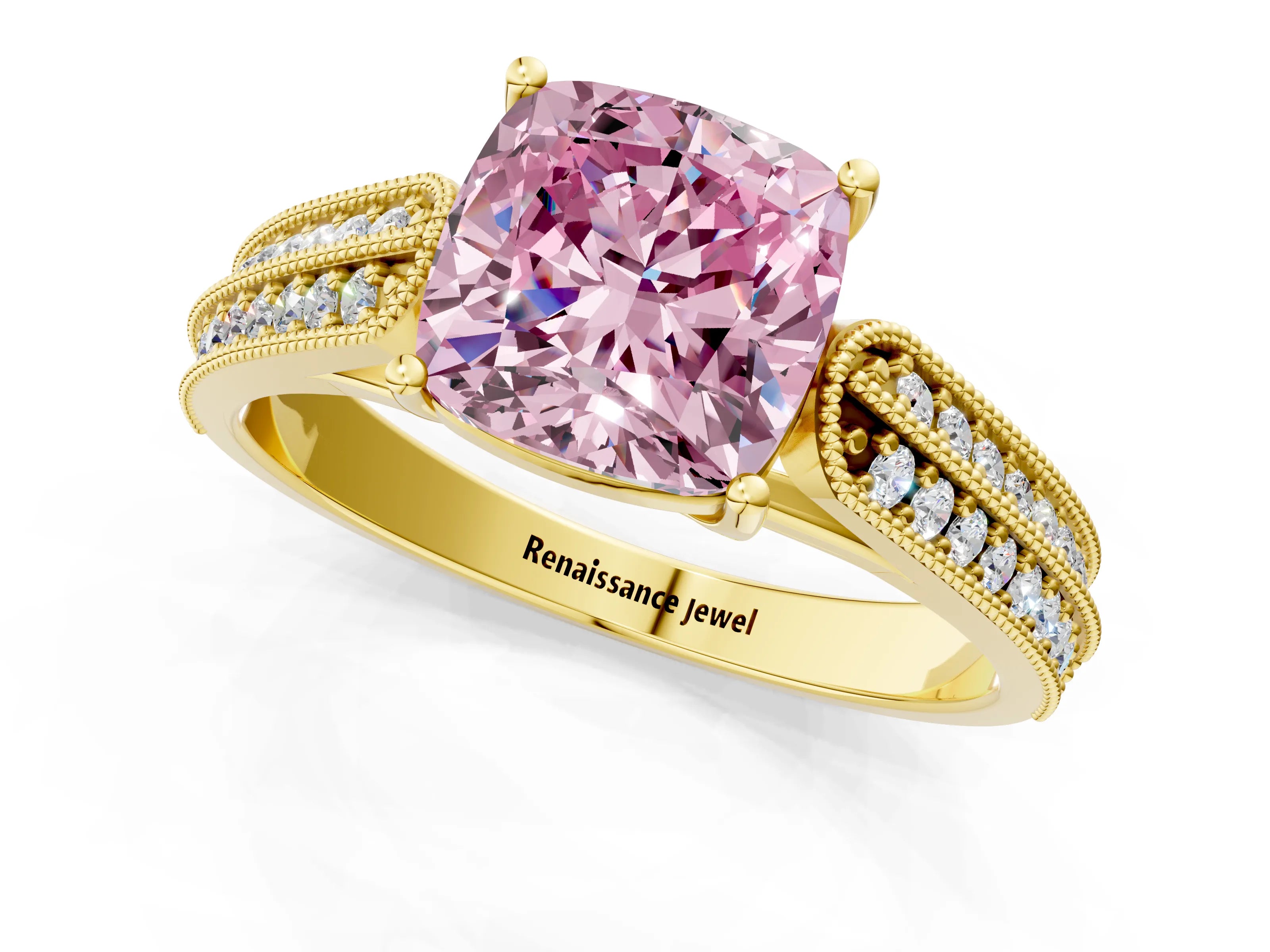 Yellow gold Fancy Pink Cushion Cut Cut Pave Split Shank Engagement Ring with Four-Prong Setting_1