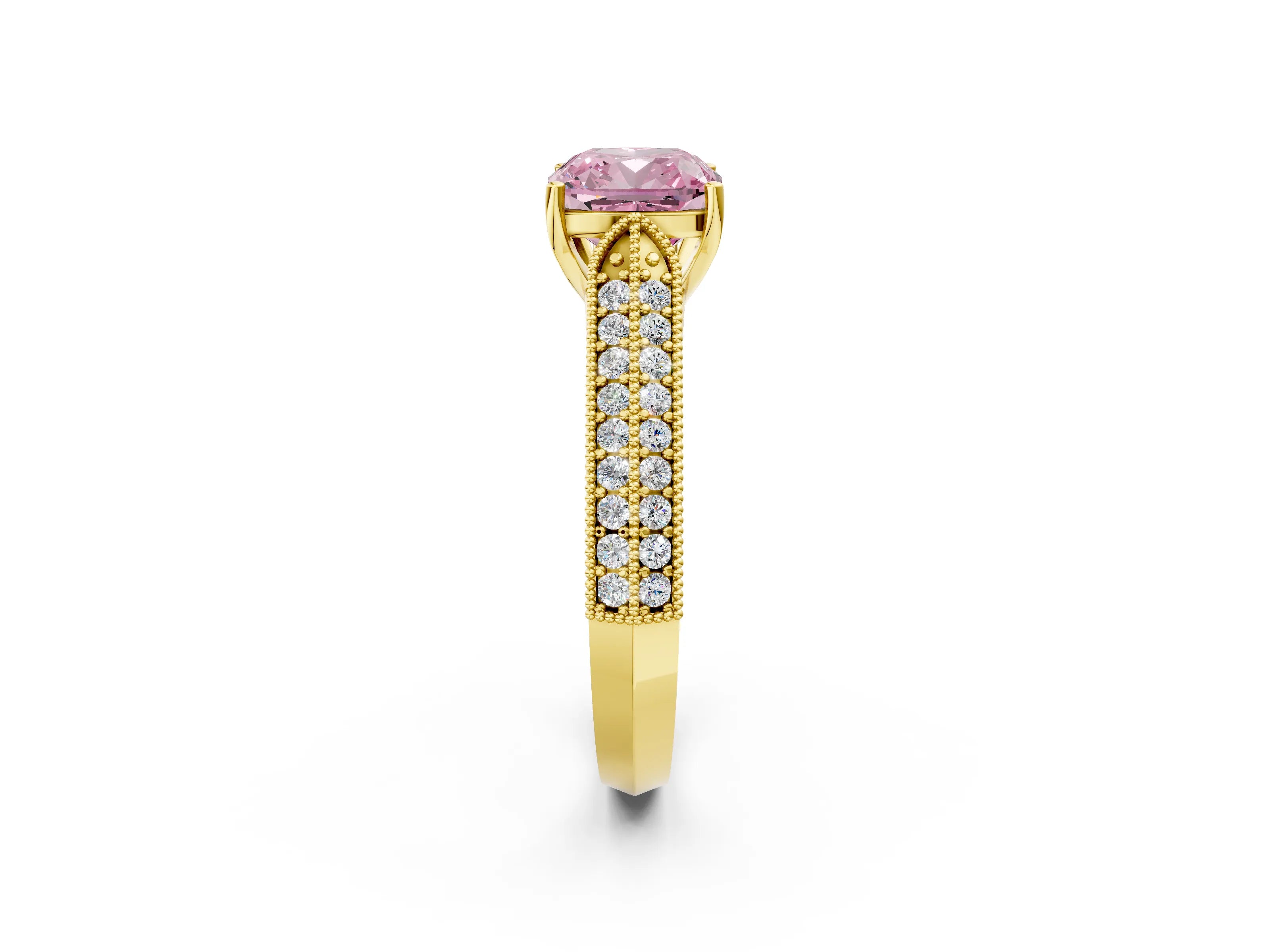 Yellow gold Fancy Pink Cushion Cut Cut Pave Split Shank Engagement Ring with Four-Prong Setting_2