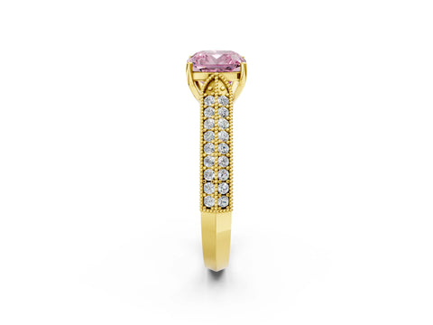 Yellow gold Fancy Pink Cushion Cut Cut Pave Split Shank Engagement Ring with Four-Prong Setting_2