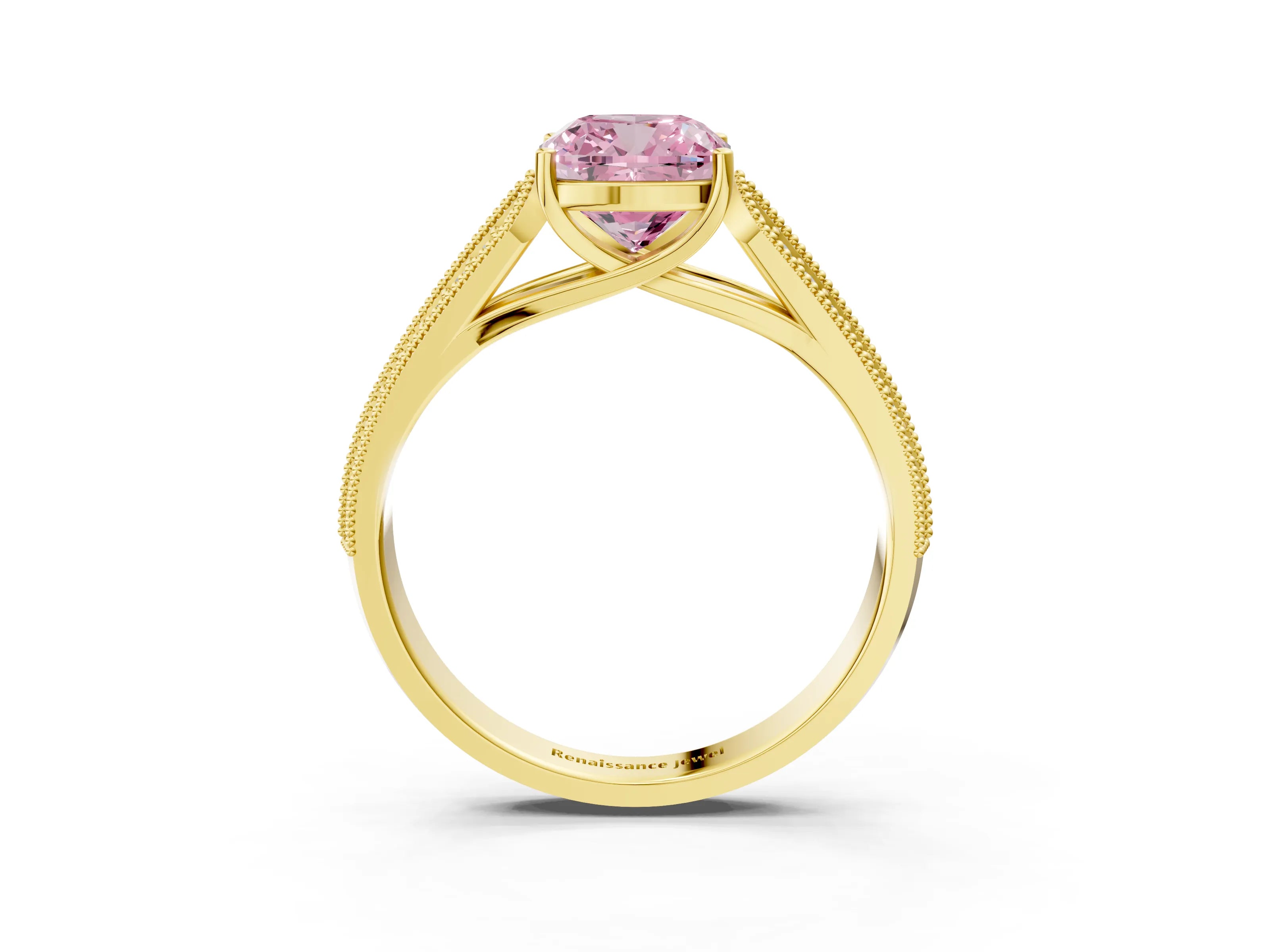 Yellow gold Fancy Pink Cushion Cut Cut Pave Split Shank Engagement Ring with Four-Prong Setting_3