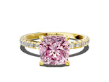 Yellow gold Fancy Pink Cushion Cut Diamond Brilliant Solitaire Ring with Pavé Band and Four-Prong Setting